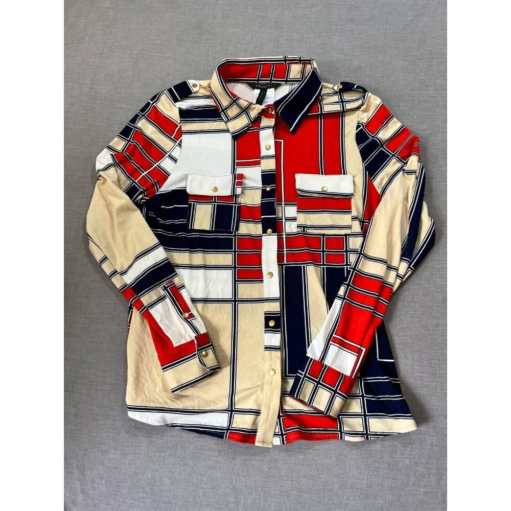 BCBGMAXAZRIA Button Up Shirt Womens PXL Red Beige Long Sleeve Ladies.